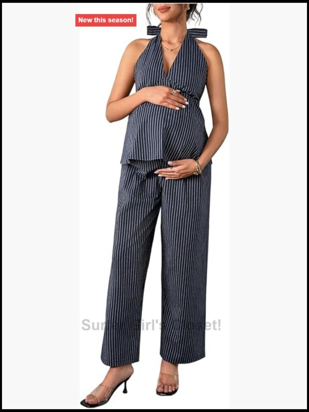 Maternity 2 Piece Outfits Striped Ruffle Halter Top and Pants Set Business